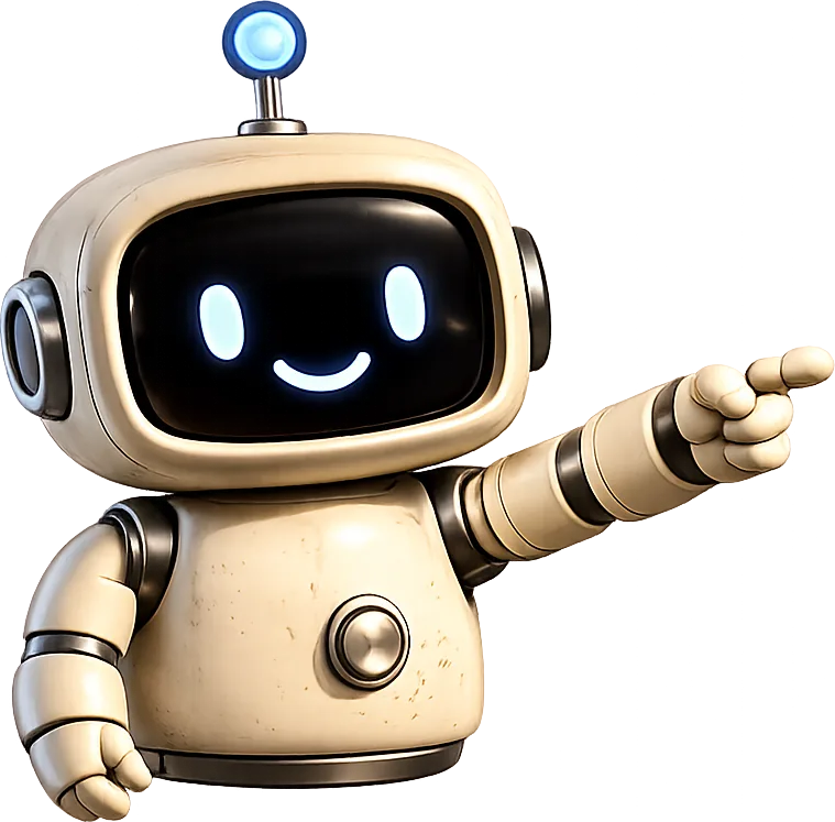 Chatty, a small cream-coloured robot with a glowing smile, pointing to the right.